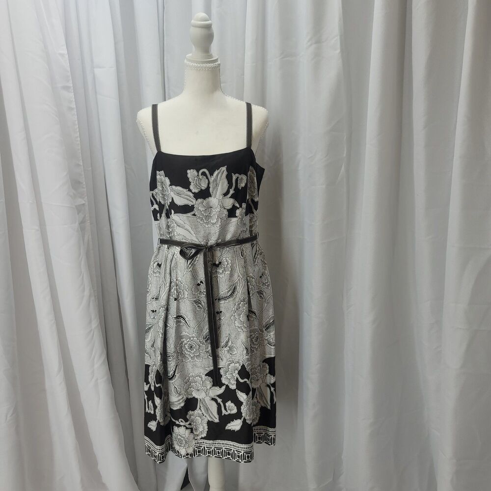 Ann Taylor Petites 12P Espresso Brown White Floral Midi Dress Stitch Strap Belt